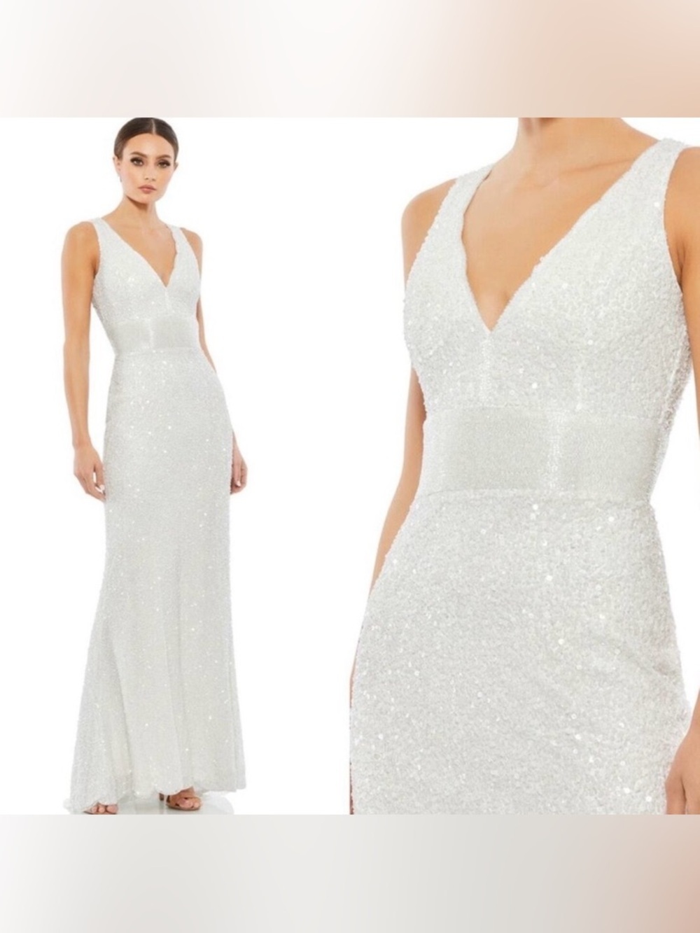 Mac Duggal Sequin Sleeveless V Neck Column White Gown & Beaded Belt Formal - Picture 2 of 10